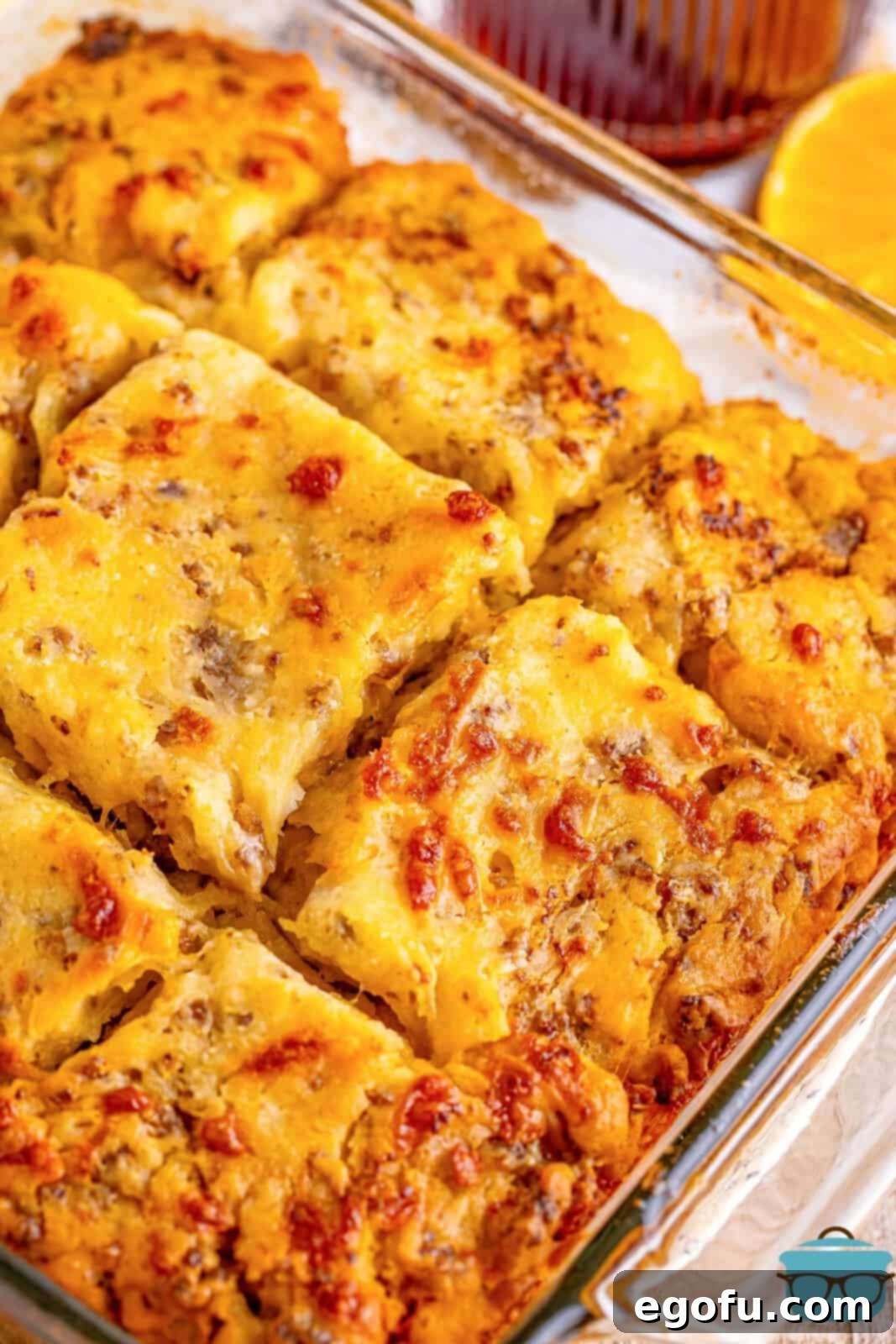 A baking dish with cut breakfast butter dip biscuits.