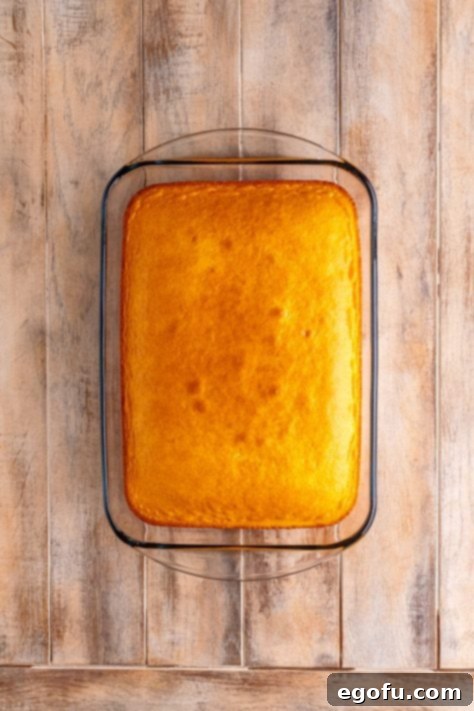 Yellow cake in a baking dish.