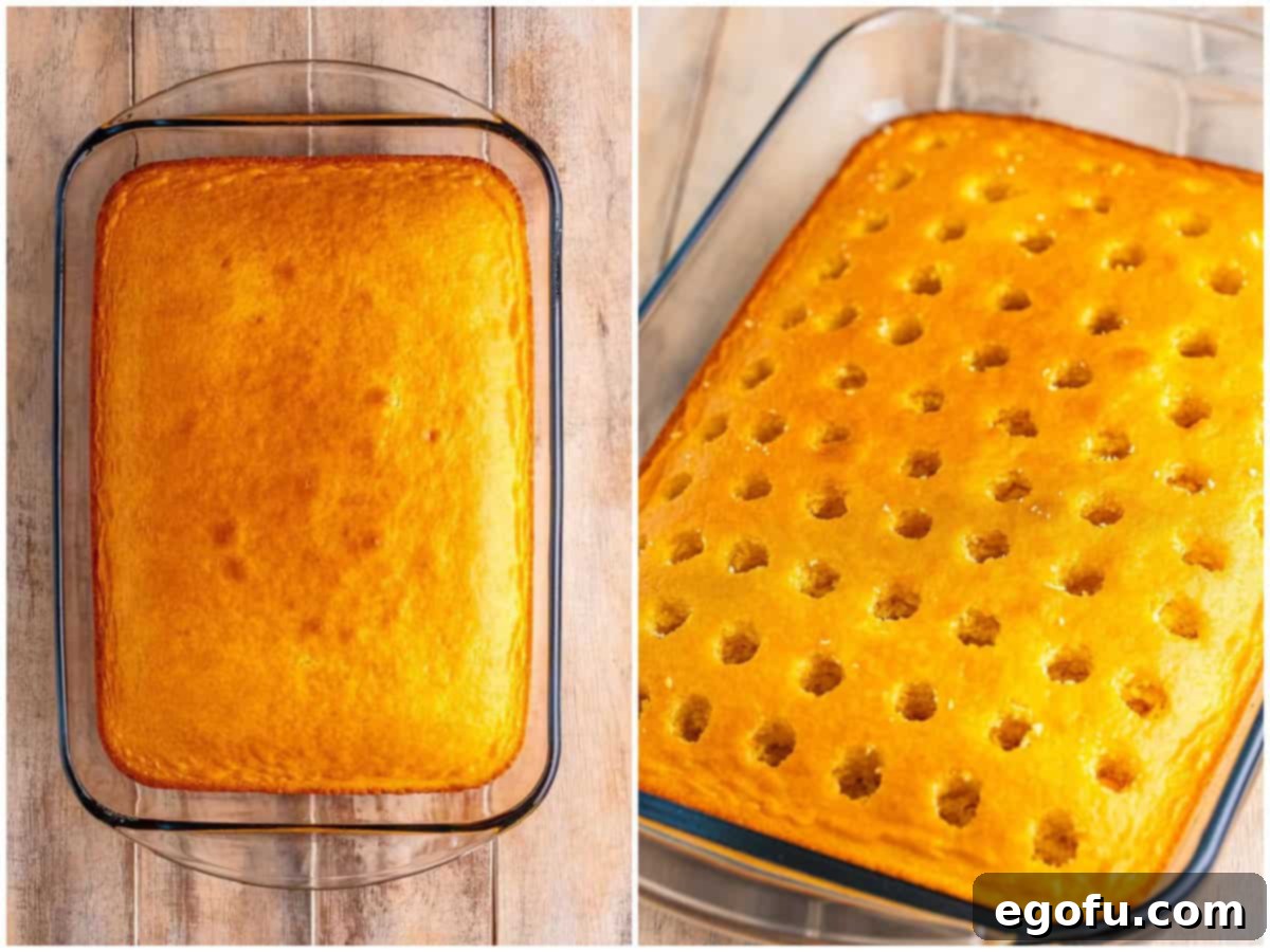 A collage showing two key steps: a perfectly baked yellow cake in a dish, followed by the same cake with evenly spaced holes poked into its surface.