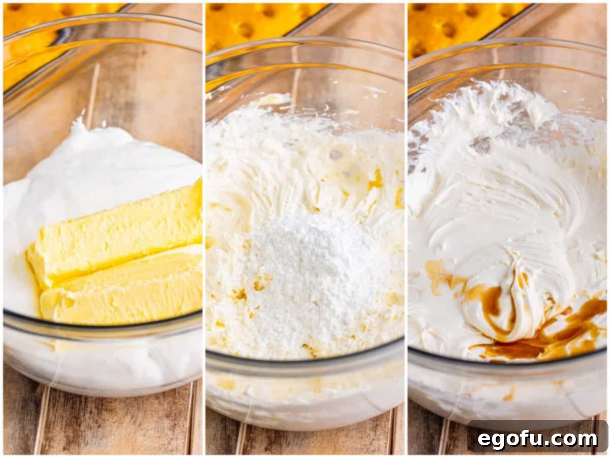 A three-photo collage illustrating the frosting preparation: softened butter and marshmallow fluff being creamed, powdered sugar being added gradually, and vanilla extract being incorporated for a smooth finish.