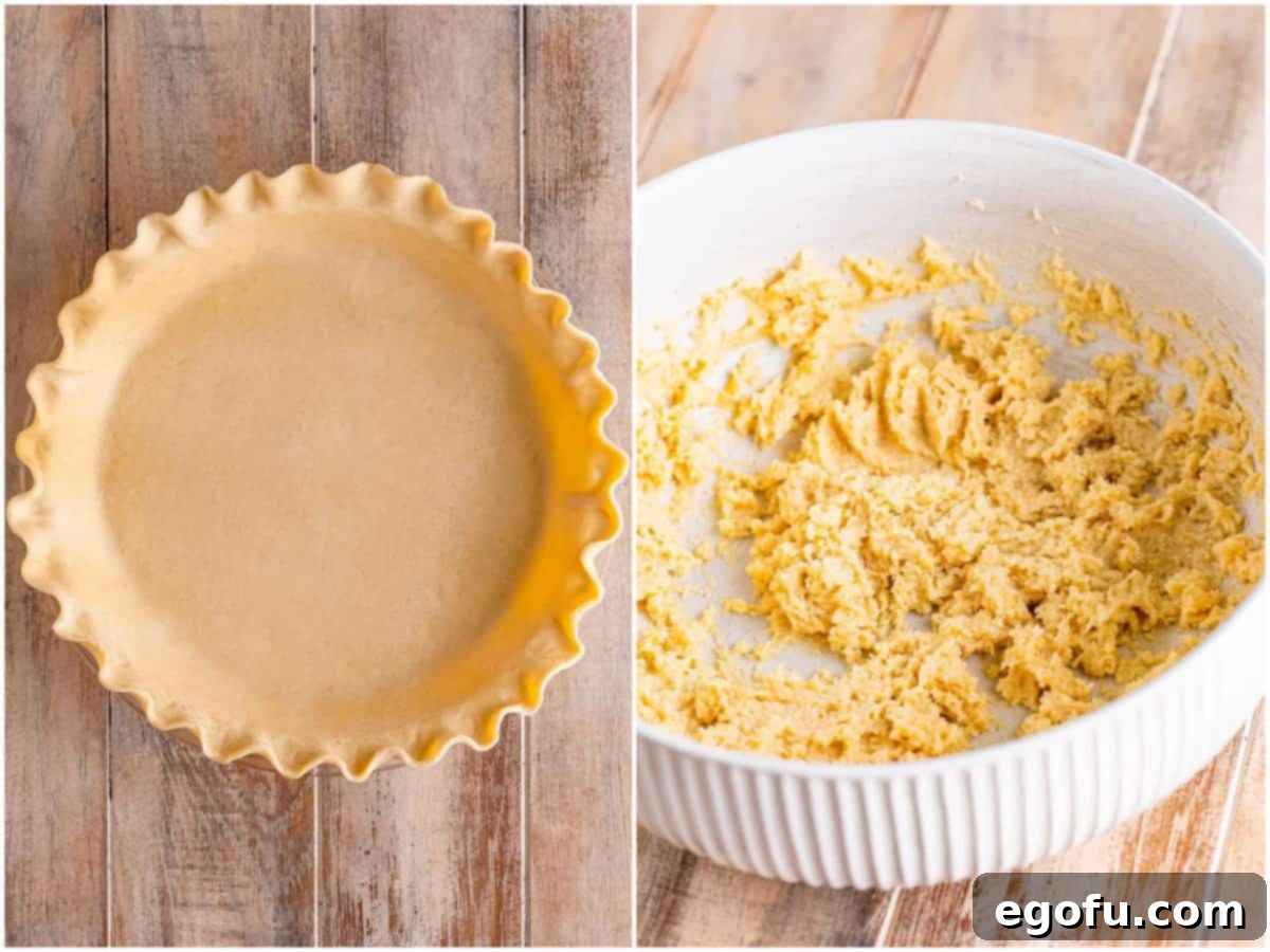 collage of two photos: pie crust in a pie pan; butter and sugar mixed together in a white bowl. 