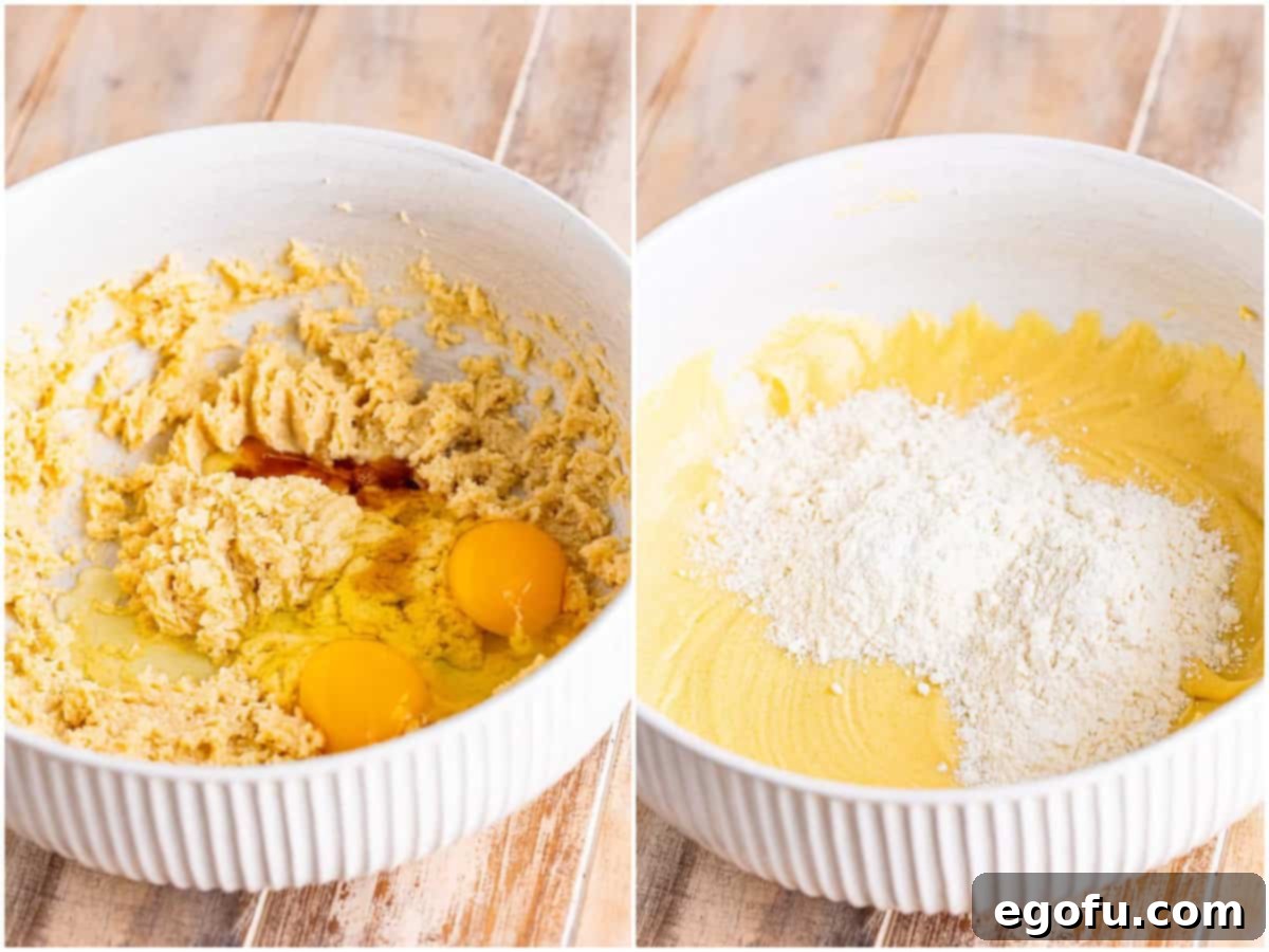 collage of two photos: eggs and vanilla added to butter mixture; flour added on top of batter in bowl. 