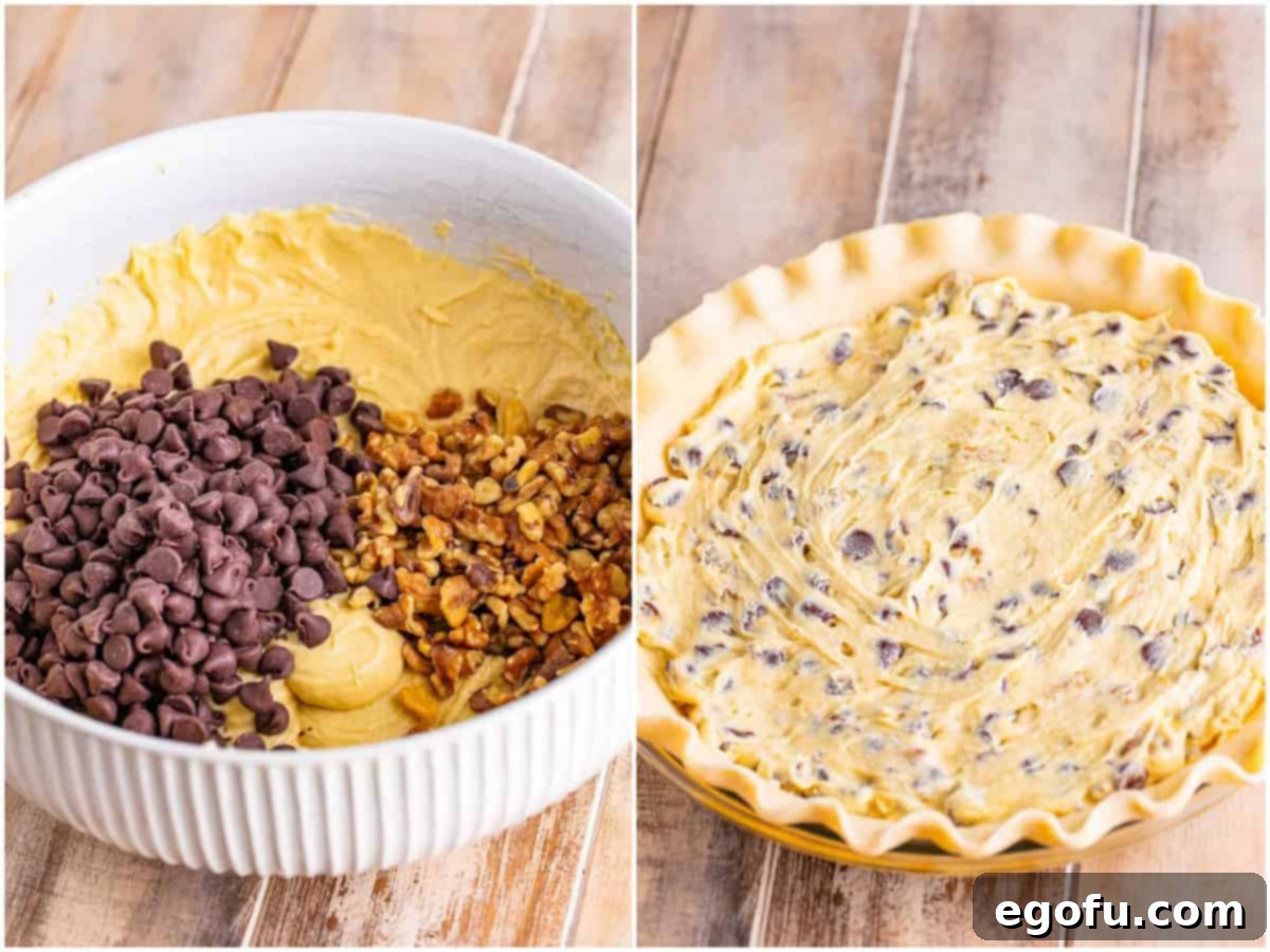collage of two photos: chocolate chips and walnuts added to batter; batter spread into pie crust. 