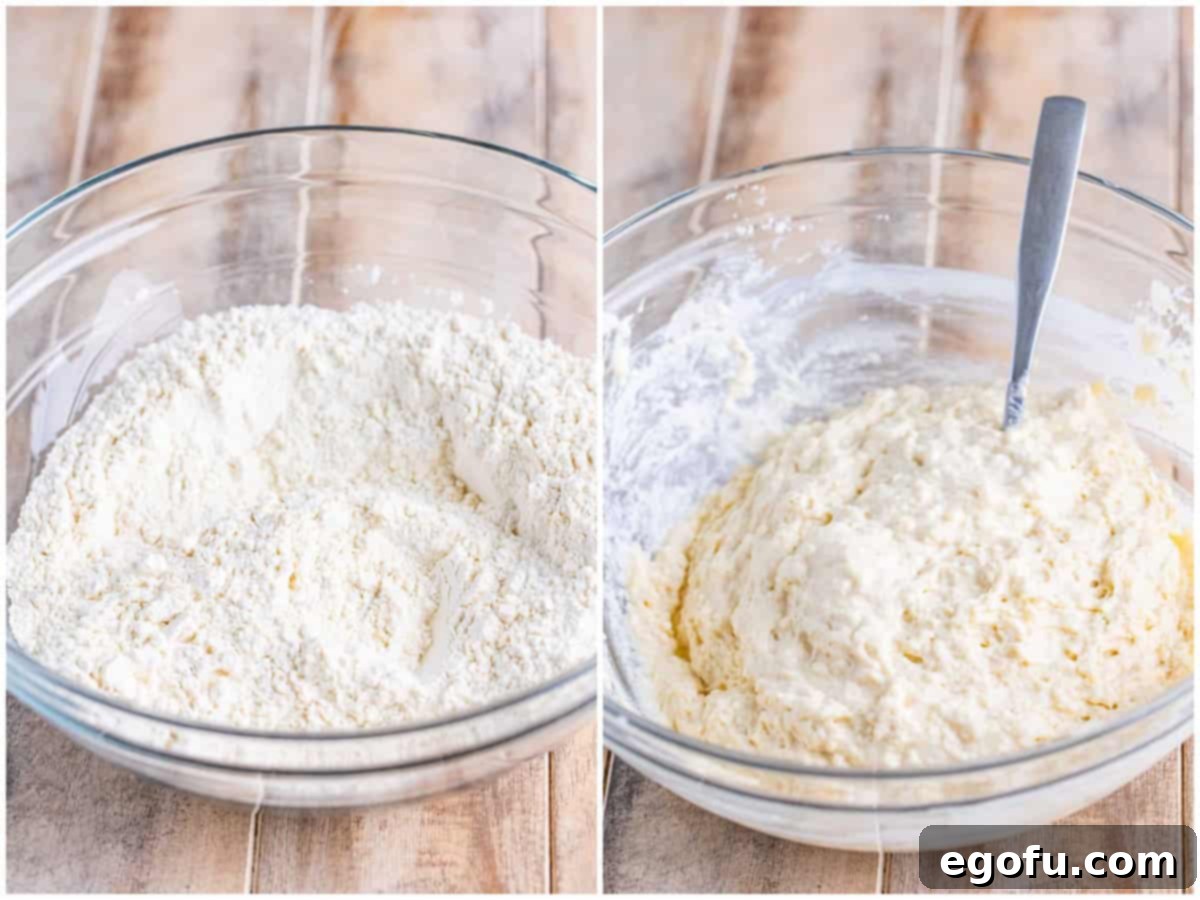 Garlic Butter Bath Biscuits 5 A collage of two photos: a glass mixing bowl with all-purpose flour, granulated sugar, aluminum-free baking powder, salt, and garlic powder, and another showing buttermilk mixed in with the flour mixture in the bowl, forming a sticky dough.