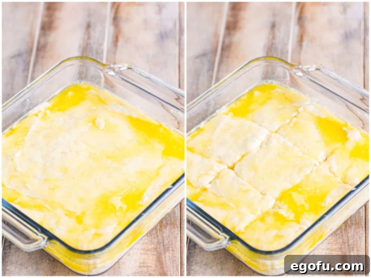 Garlic Butter Bath Biscuits 6 A collage of two photos: melted butter in a clear square baking dish with biscuit batter poured on top, and the batter cut into 9 sections before baking, ready to absorb the butter.