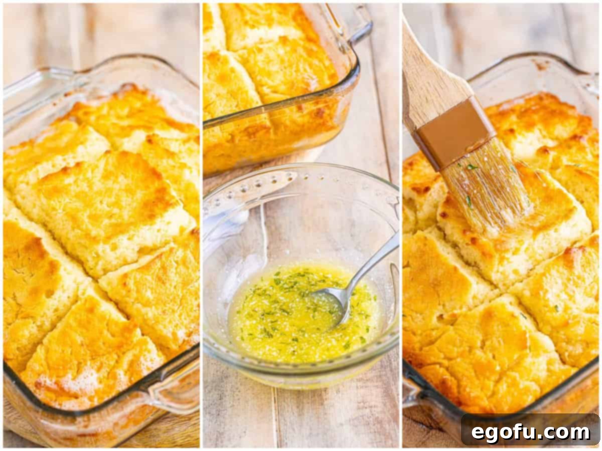 Garlic Butter Bath Biscuits 7 A collage of three photos: fully baked, golden-brown biscuits in the baking dish; a small bowl of fragrant garlic butter mixture; and a pastry brush generously applying garlic butter on the warm biscuits.