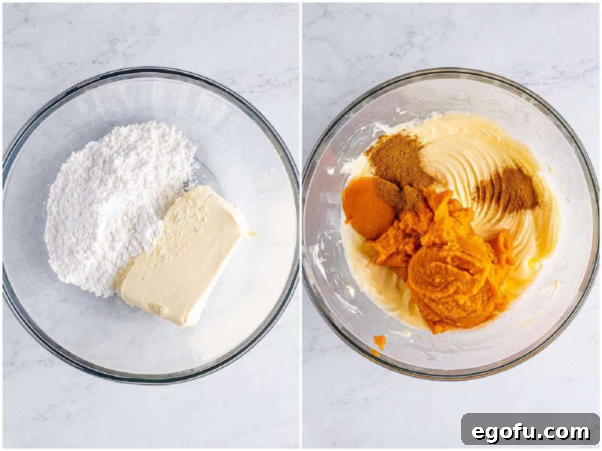 collage of two photos: cream cheese and powdered sugar in a bowl; pumpkin and spices added to cream cheese mixture. 