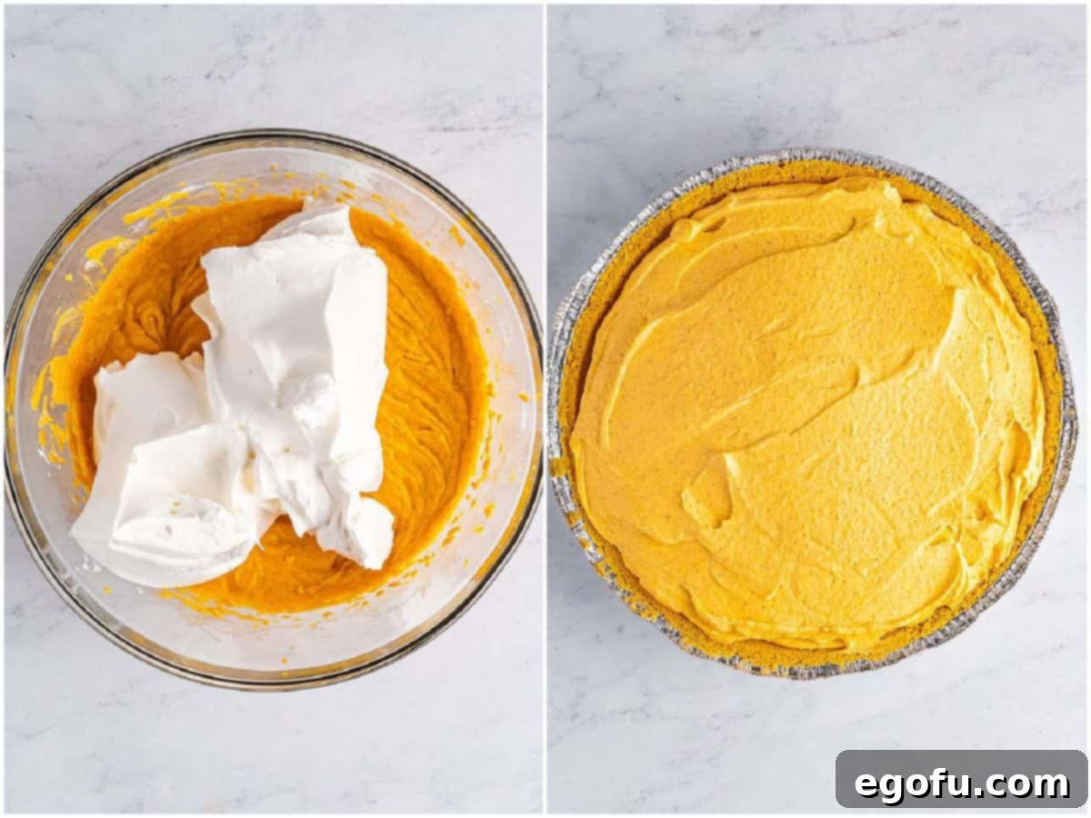 collage of two photos: whipped topping added to pumpkin cream cheese mixture; pumpkin cheesecake filling spread into graham cracker crust. 