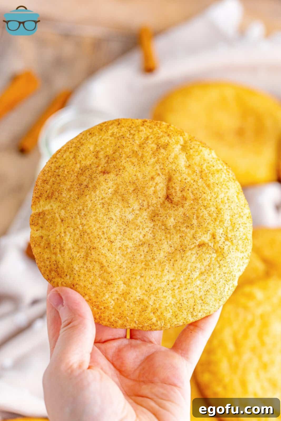 A hand holding a perfectly baked, generously sized copycat Crumbl Snickerdoodle, showcasing its soft texture and cinnamon-sugar coating.