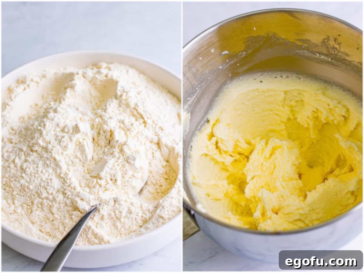 A collage featuring two crucial steps in making Crumbl Snickerdoodles: a bowl containing the perfectly mixed dry ingredients (flour, cream of tartar, baking soda, salt) and a mixing bowl where softened butter and granulated sugar are being creamed together until light and fluffy.