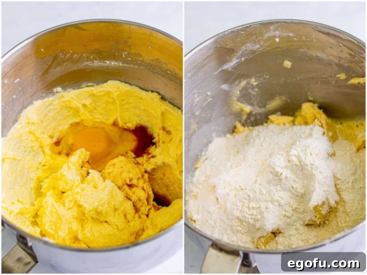 A collage depicting two important stages of cookie dough preparation: the first image shows large eggs being mixed into the creamed butter and sugar mixture in a stand mixer, and the second image illustrates the gradual addition of dry ingredients to the wet mixture, preventing flour from scattering.