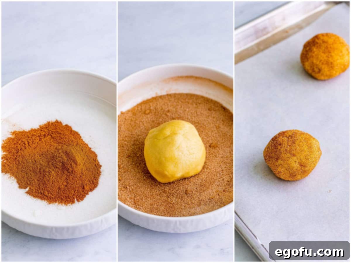 A three-panel collage demonstrating the coating process for Crumbl Snickerdoodles: a shallow bowl holding the cinnamon and sugar mixture, a large cookie dough ball being rolled in the coating, and several coated dough balls carefully placed on a parchment-lined baking sheet, spaced for baking.
