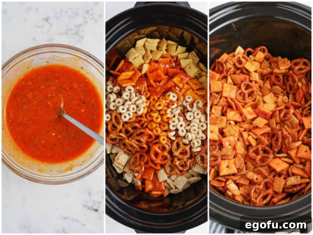 Ultimate Slow Cooker Buffalo Ranch Chex Mix 5 A collage of three photos illustrating the process of making Crock Pot Buffalo Ranch Chex Mix: a bowl of sauce, dry ingredients in a slow cooker, and the finished mix.