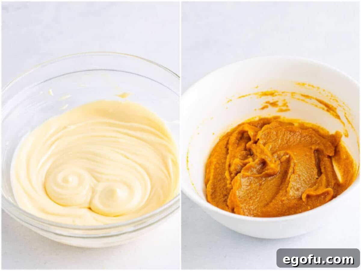 Two separate bowls containing the creamy cream cheese mixture and the spiced pumpkin mixture, ready for assembly.