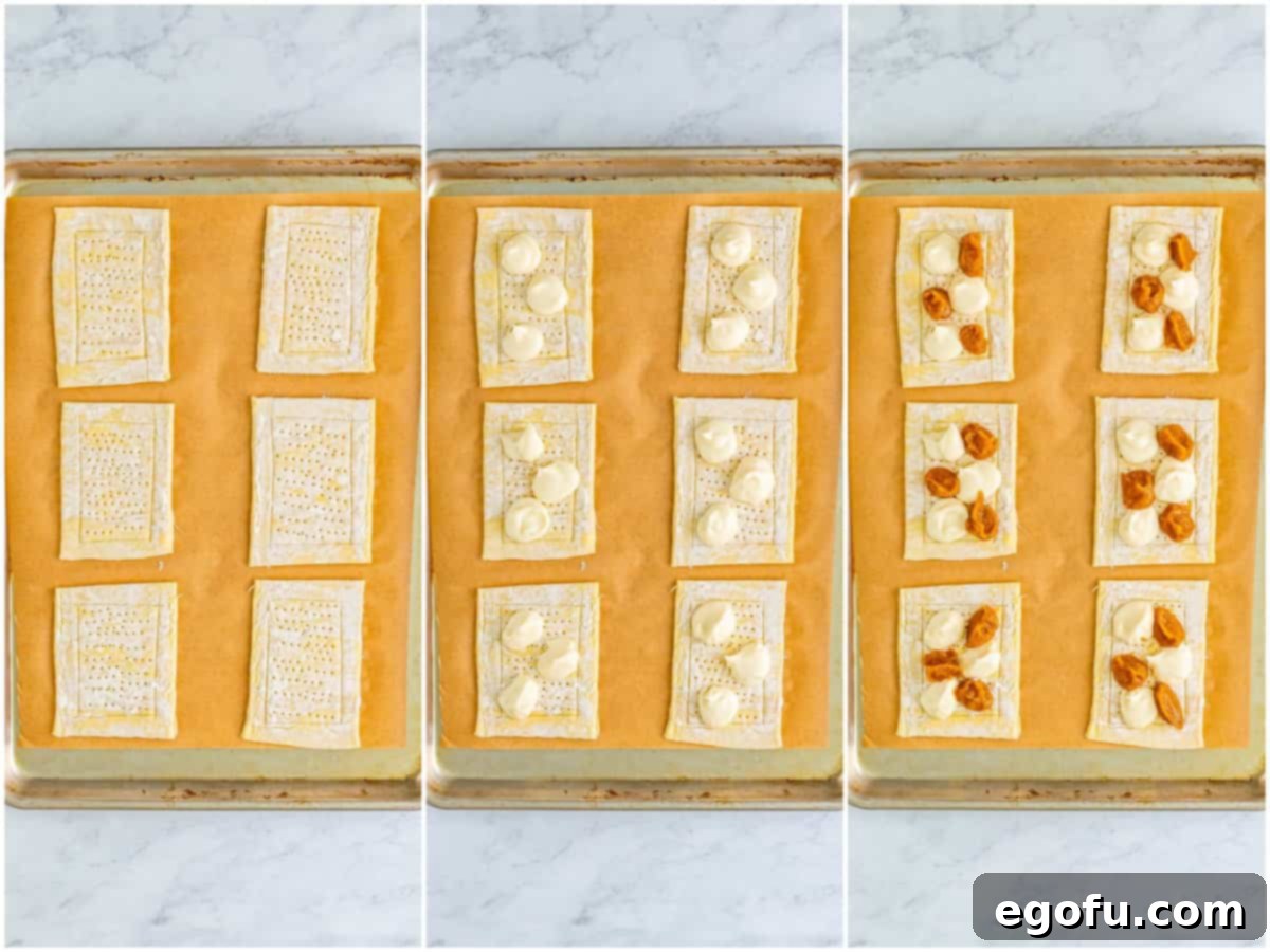A collage showing fork holes poked into puff pastry, then dollops of cream cheese filling, followed by pumpkin filling on top.