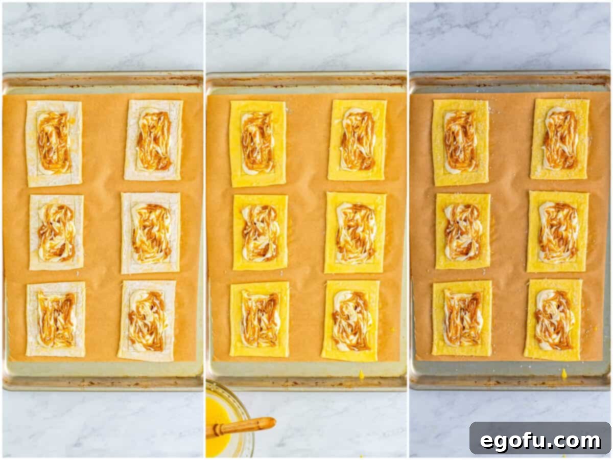 A collage featuring swirled cream cheese and pumpkin filling, followed by pastries brushed with egg wash and then sprinkled with coarse sugar.