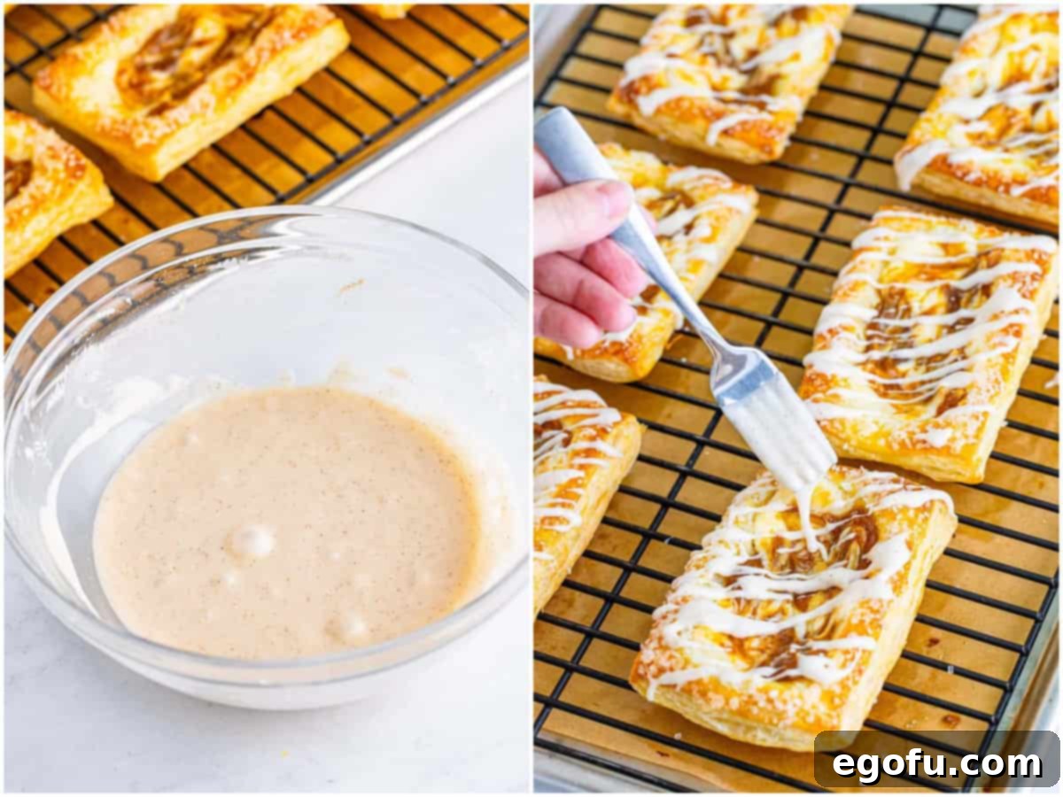 A collage featuring the prepared cream cheese glaze in a bowl, followed by a fork drizzling the glaze over the cooled pumpkin danishes.