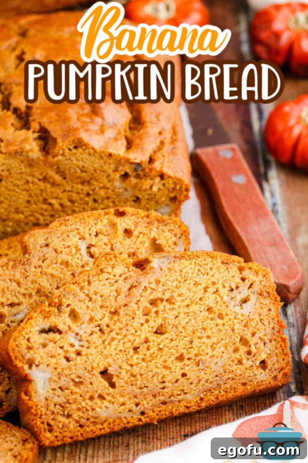 Several slices of moist Banana Pumpkin Bread arranged in front of the full loaf, ready to be served.
