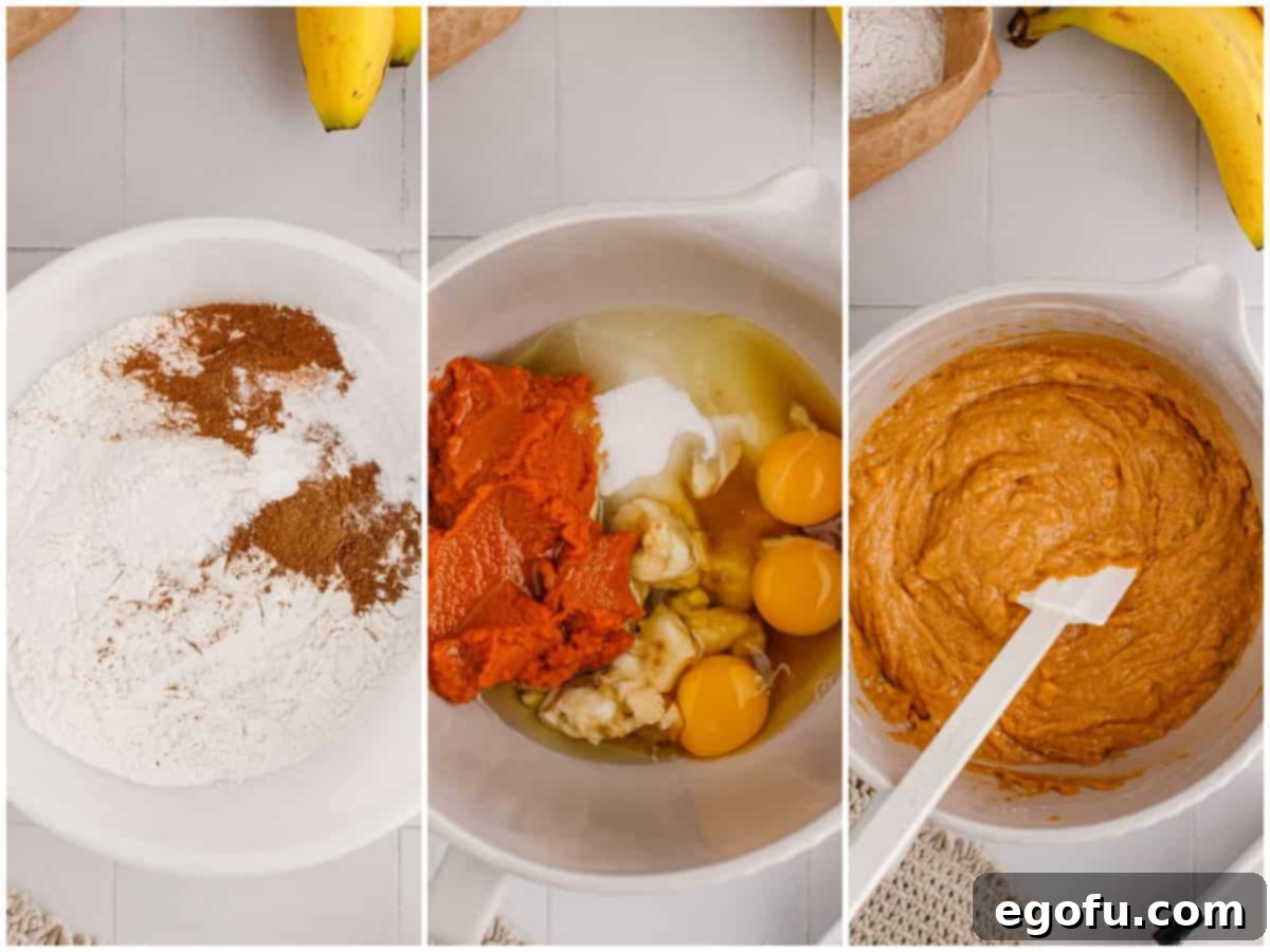 A collage showing the baking process: dry ingredients in a bowl, wet ingredients added to a stand mixer, and finally, all ingredients combined into a smooth batter.