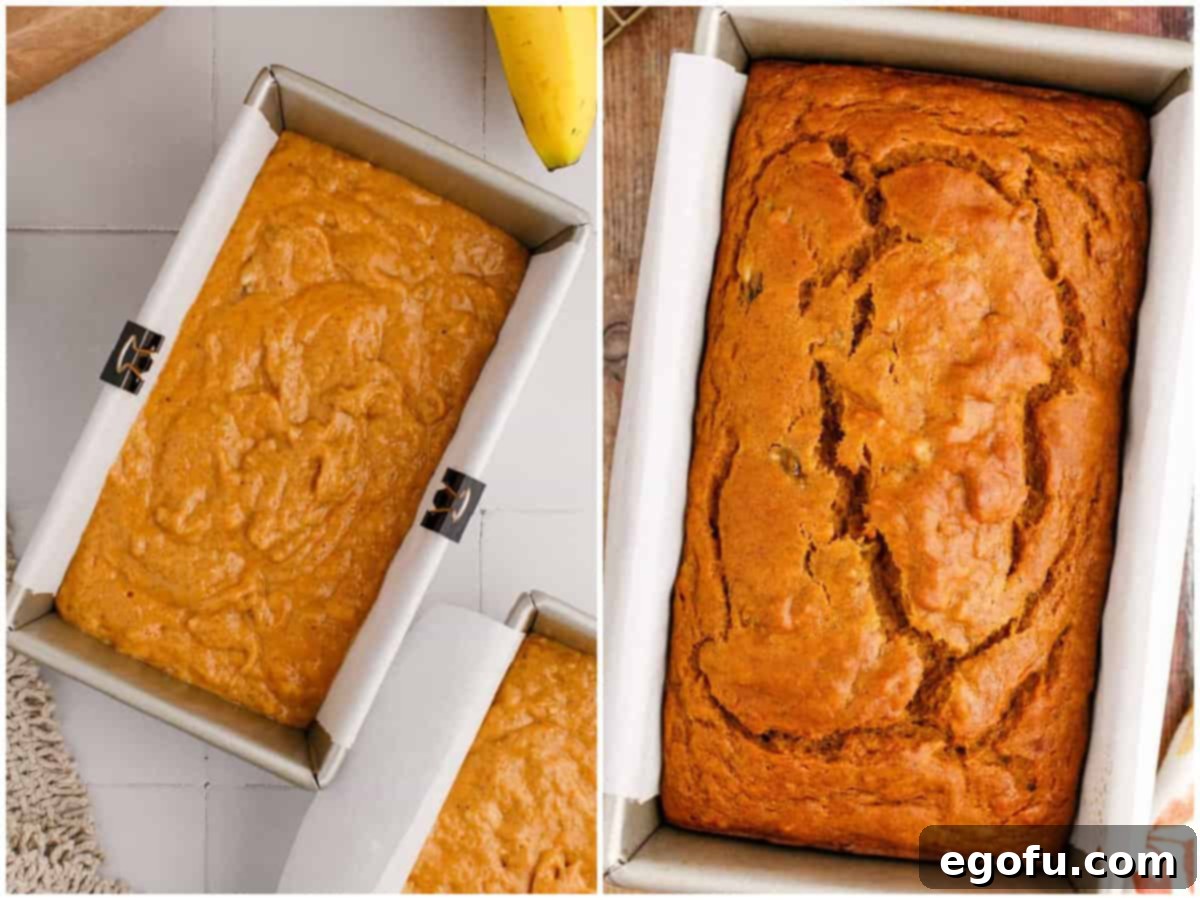 A collage displaying two loaf pans filled with Banana Pumpkin Bread batter, followed by a fully baked loaf fresh out of the oven, golden brown and inviting.