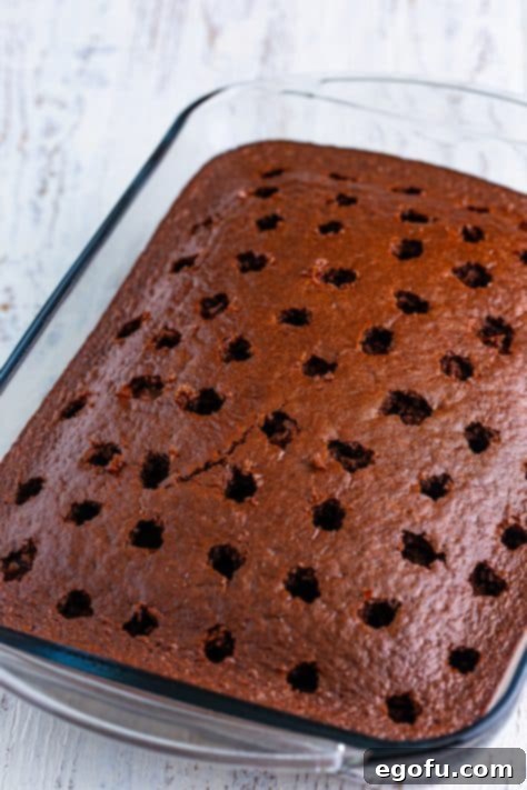 A Black Forest cake with holes poked in it.