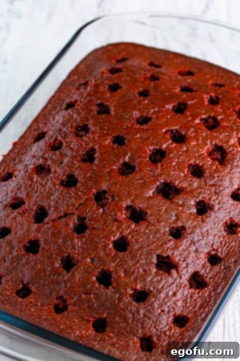 A cake with holes poked in it with Jell-O poured in.