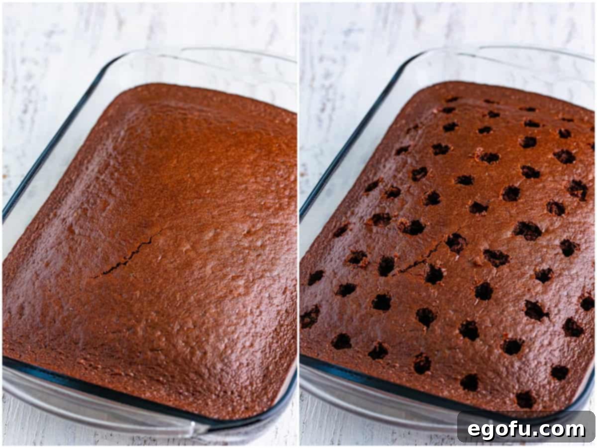 A two-part collage showing a fully baked chocolate cake in a baking dish and then the cake with holes poked all over its surface.