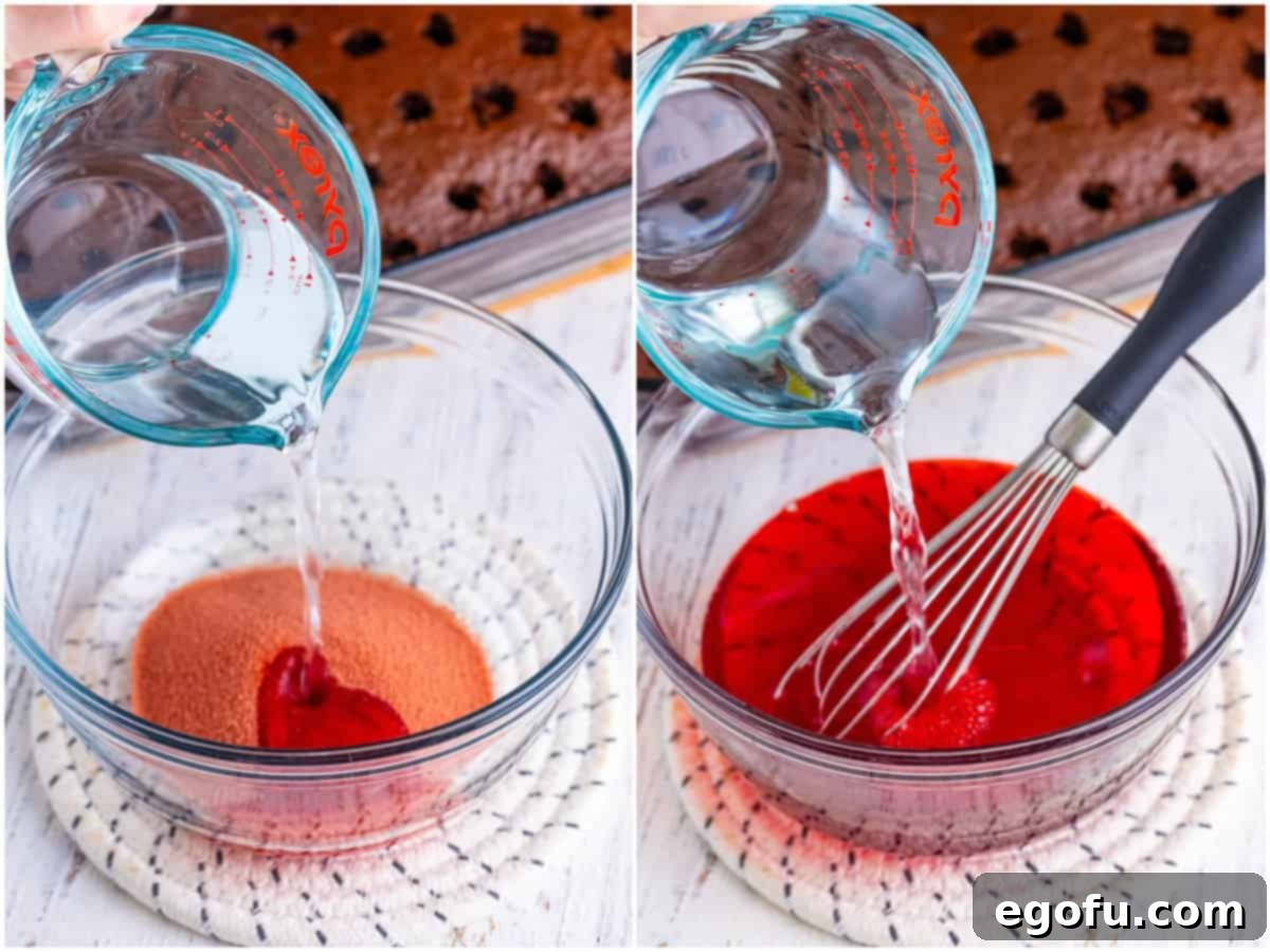 A two-part collage showing boiling water being poured over cherry Jell-O mix in a bowl, followed by cold water being added to the Jell-O mixture.
