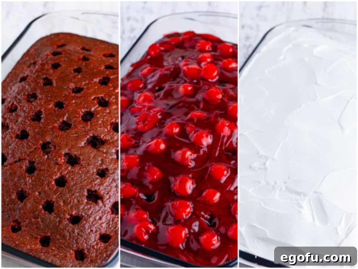A three-part collage showing cherry Jell-O poured onto the poked cake, cherry pie filling spread over the cake, and whipped topping spread on top.