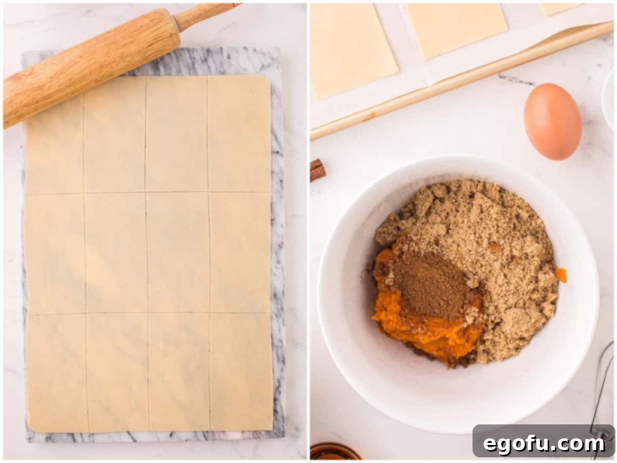 A collage of two photos: the first shows refrigerated pie crusts rolled out and meticulously cut into rectangles; the second displays the pumpkin filling ingredients expertly mixed in a white bowl, ready for assembly.