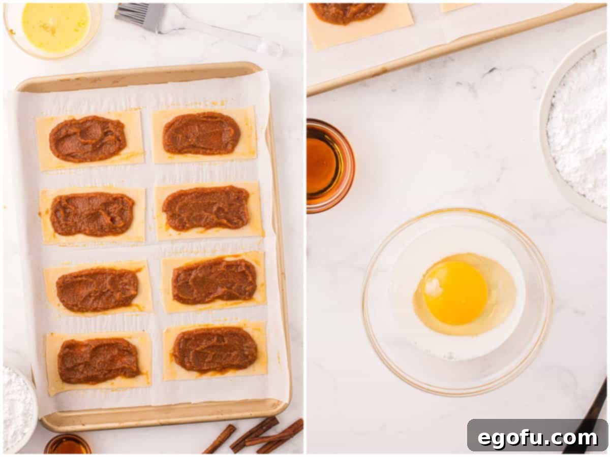 A collage of two photos: the first depicts a parchment-lined baking sheet with refrigerated pie crusts cut into rectangles and topped with the rich pumpkin filling; the second shows a small bowl with the whisked egg and milk mixture for the essential egg wash.
