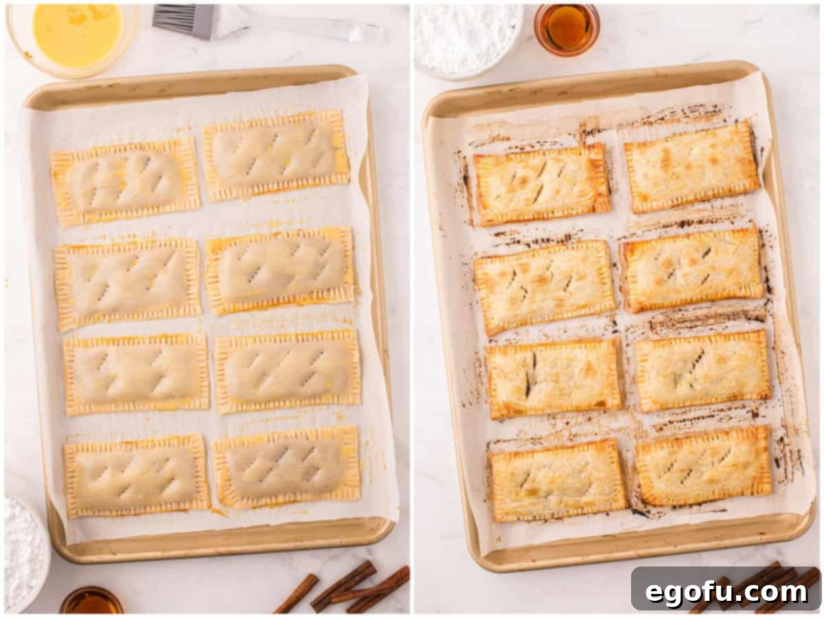 A collage of two photos: the first showcases unbaked homemade pumpkin pop tarts neatly arranged on a baking tray, brushed with egg wash and vented; the second reveals a tray of fully baked, golden brown pop tarts, fresh from the oven.
