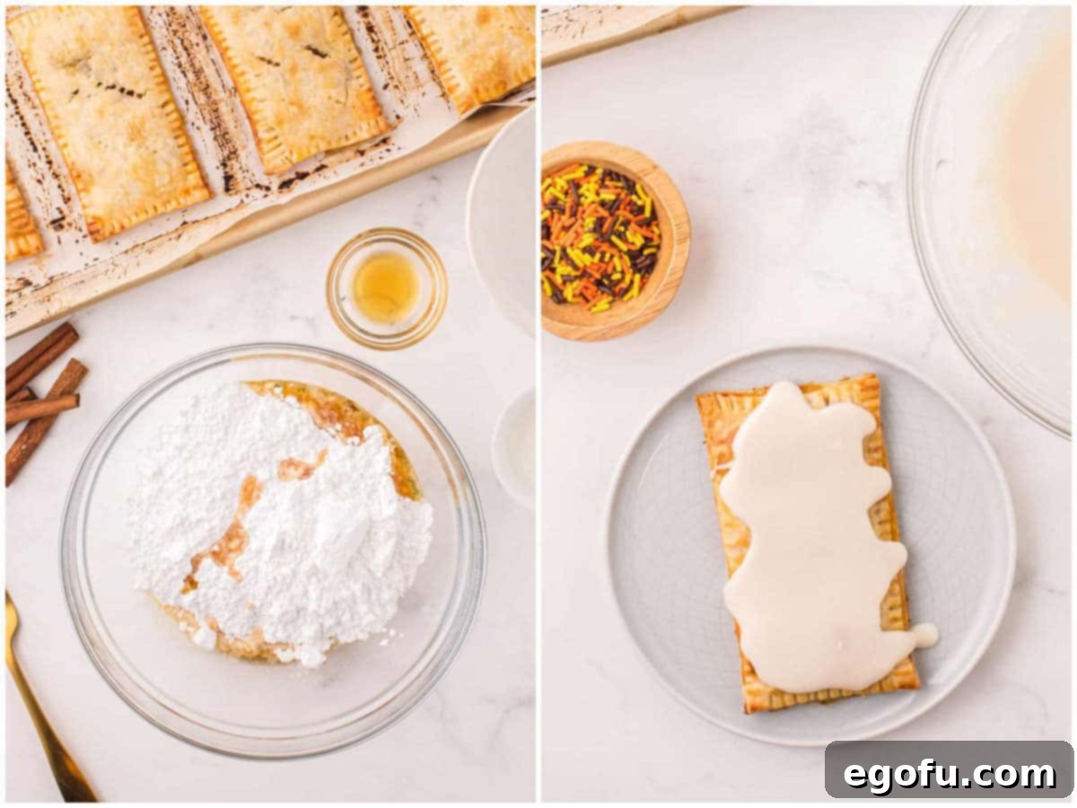 A collage of two photos: the first shows a mixing bowl containing powdered sugar and maple syrup, being whisked together for the glaze; the second displays a finished pop tart elegantly drizzled with the sweet maple syrup glaze.