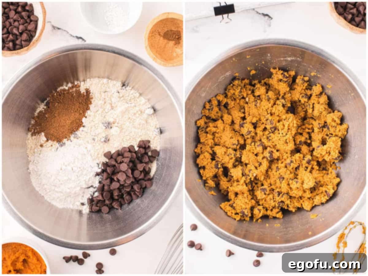 A collage showing two stages of dough preparation: top image features a mixing bowl with dry cookie mix, chocolate chips, flour, and pumpkin spice; bottom image shows pumpkin puree being mixed into the dry ingredients to form a thick dough.