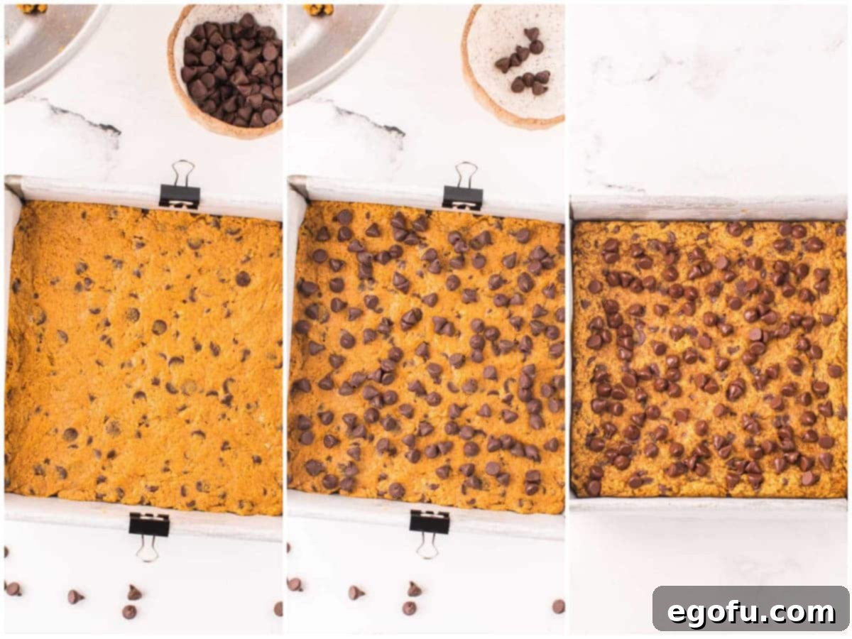 A collage of three photos detailing the baking process: first, pumpkin chocolate chip dough pressed into a baking dish; second, chocolate chips sprinkled atop the dough; third, the finished, golden-brown pumpkin bars cooling in the baking dish after baking.