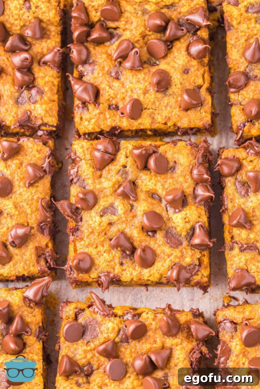 A bunch of freshly cut Pumpkin Chocolate Chip Dessert Bars neatly arranged on a white sheet of parchment paper, ready to be served.