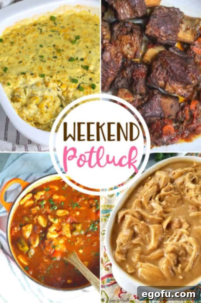 A vibrant collection of featured potluck dishes including creamy corn casserole, hearty chicken goulash with dumplings, rich beer-braised short ribs, and comforting slow cooker chicken with gravy, perfect for any gathering.