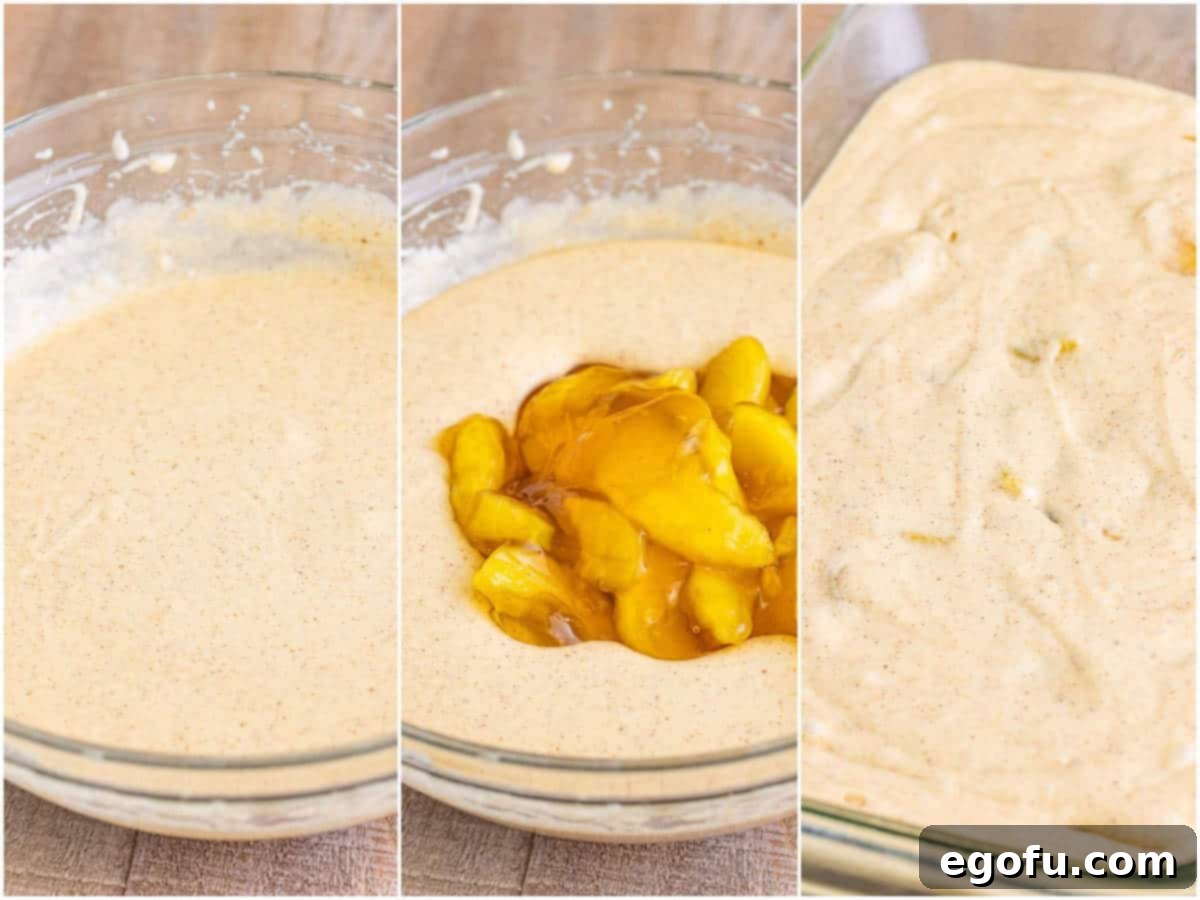 collage of three photos: cake batter in a bowl; apple pie filling added to cake batter; cake batter spread into a 9x13-inch pan.
