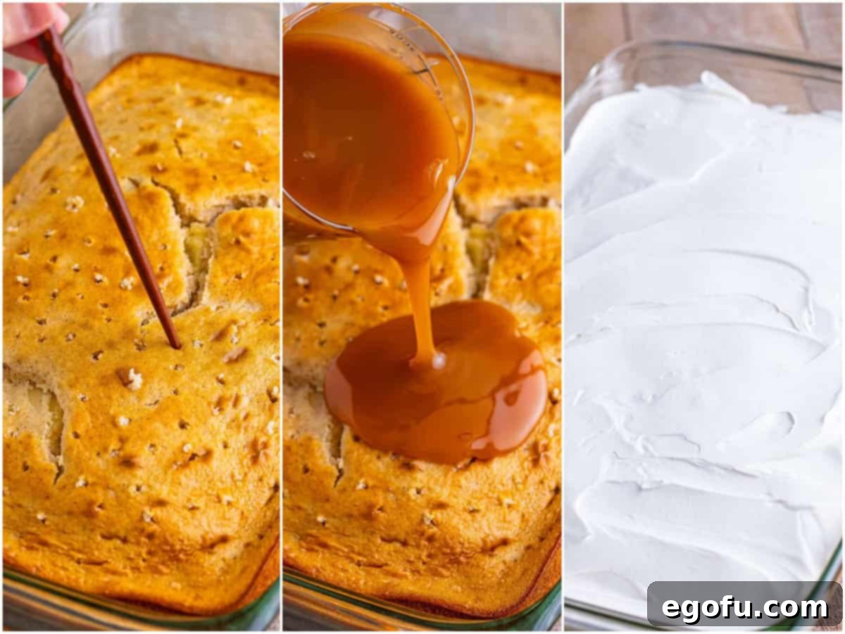 collage of three photos: a chopstick poking holes into a baked cake; caramel sauce being poured onto cake; whipped topping spread onto cake.