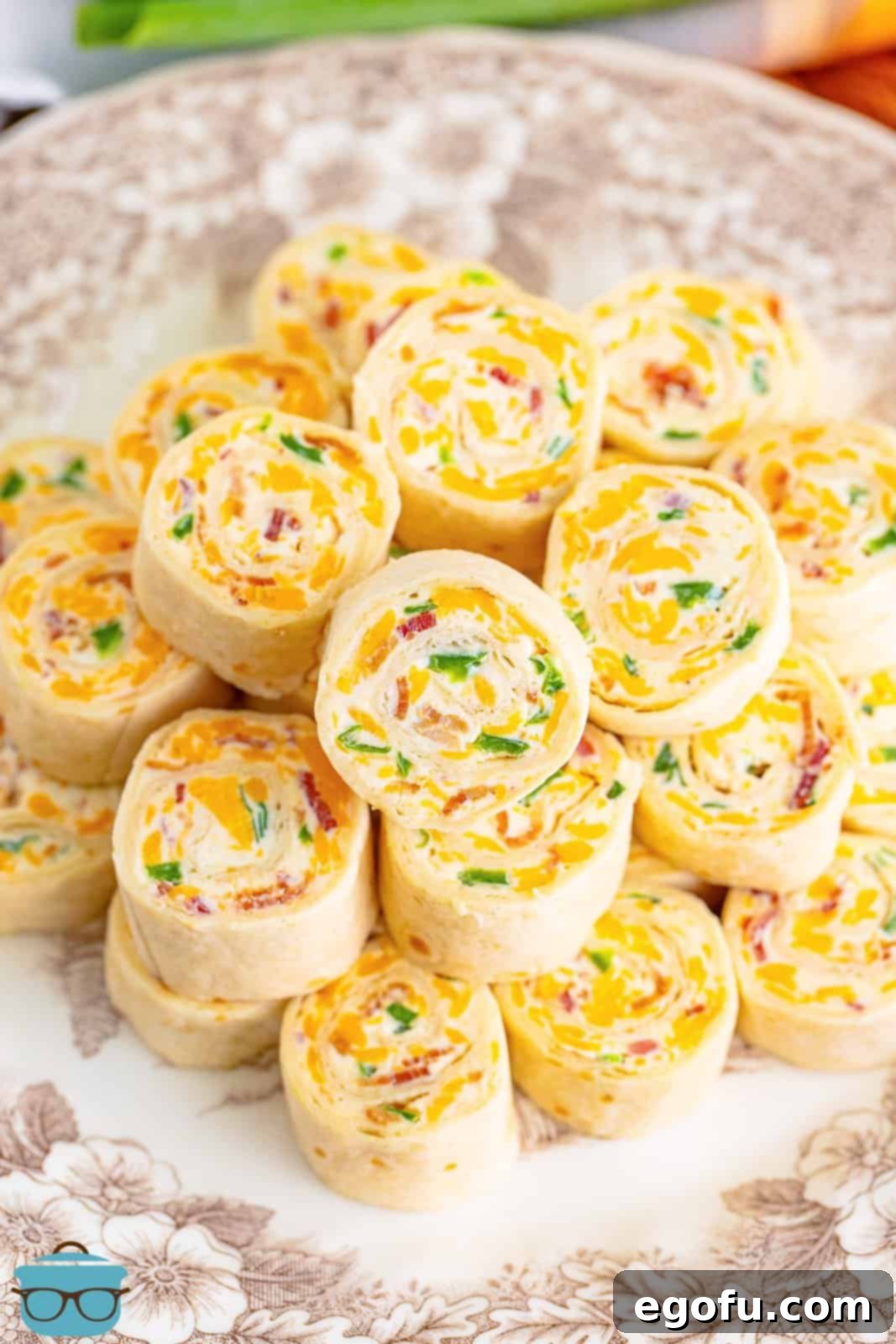 Looking down on a plate of Jalapeno Popper Pinwheels.