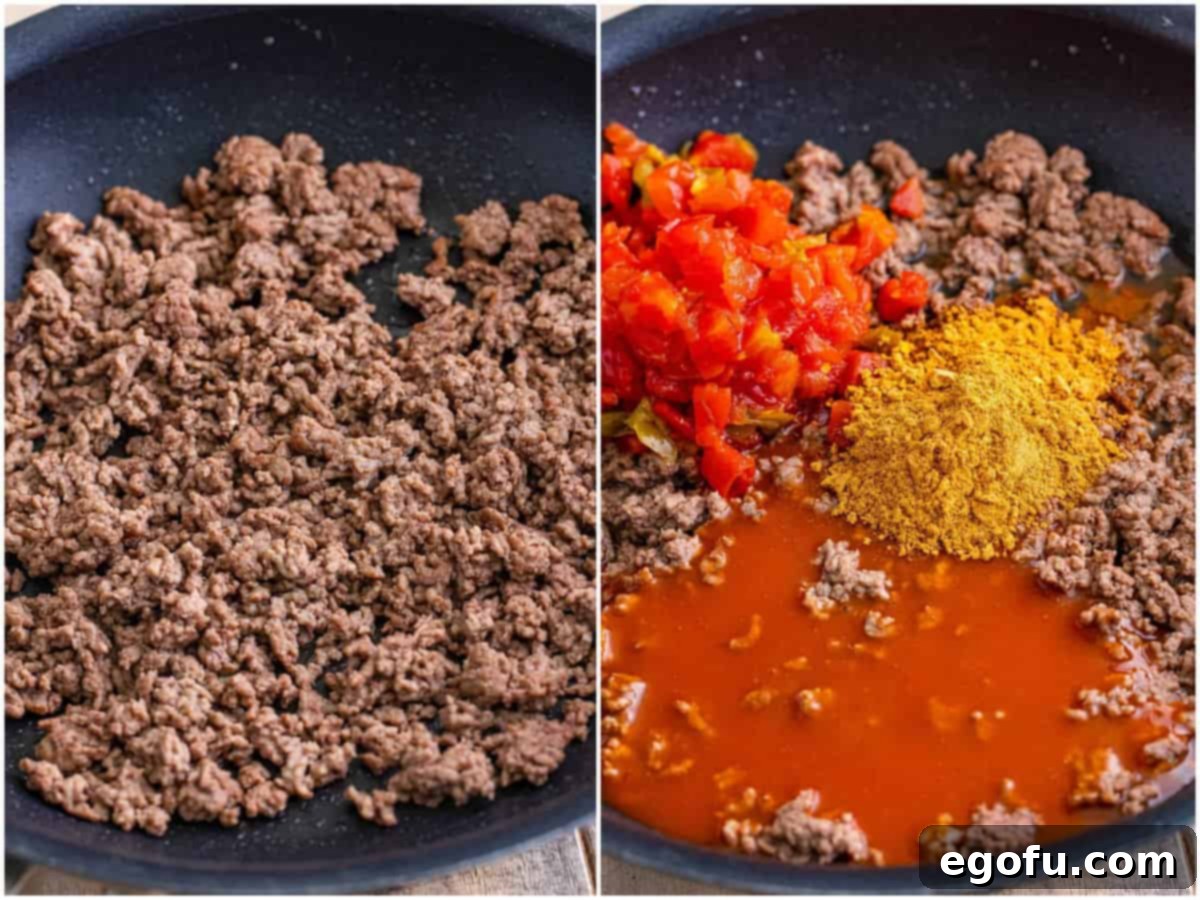 A collage of two photos. The first shows ground beef browning in a skillet until no pink remains. The second shows a packet of taco seasoning, a can of enchilada sauce, and diced tomatoes with green chilies being stirred into the cooked ground beef in the skillet, creating a rich, seasoned mixture.