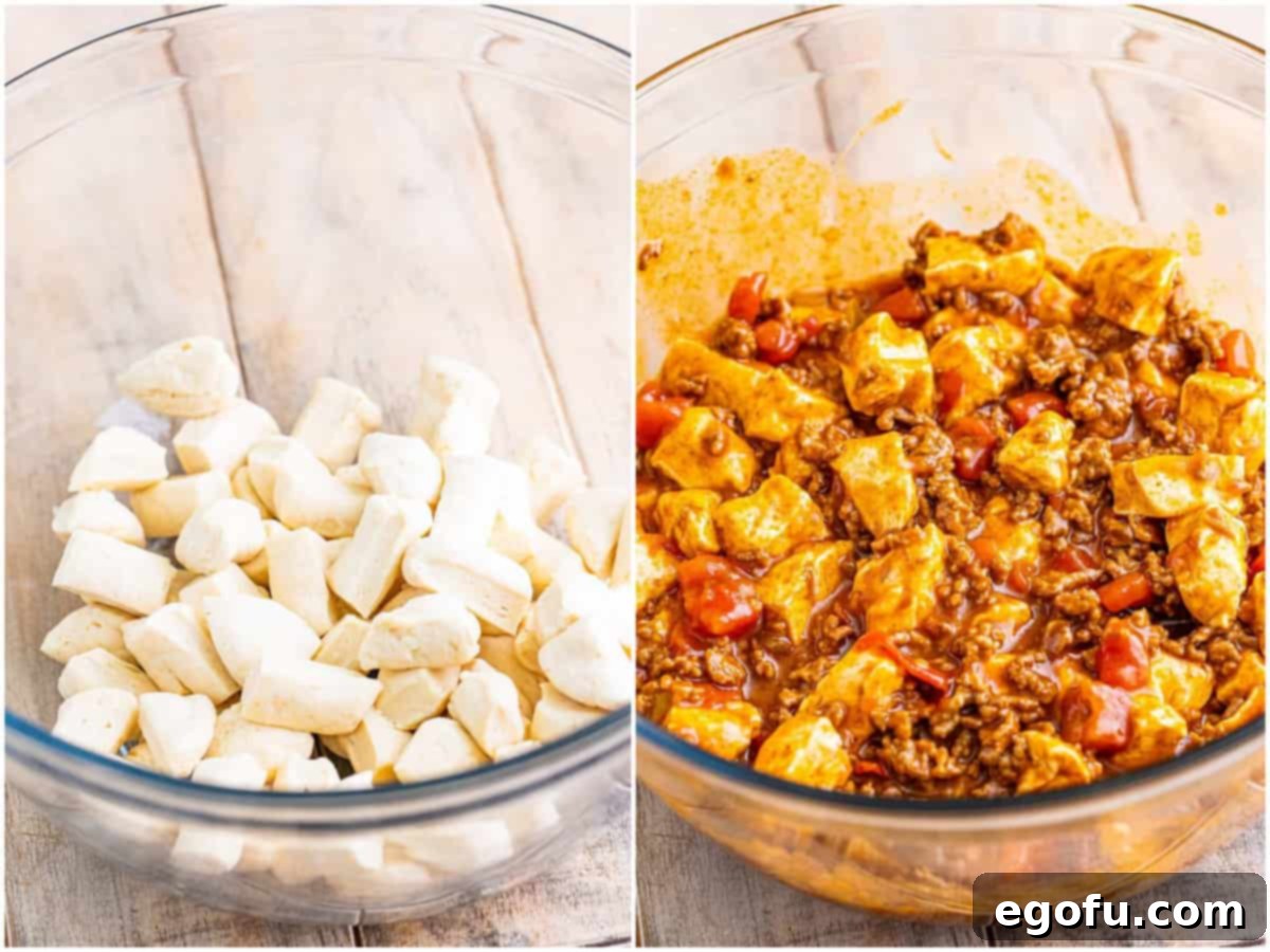 A collage of two photos. The first shows cut biscuit pieces in a large mixing bowl, ready for the next step. The second shows the seasoned ground beef mixture being added to the bowl with the biscuit pieces, preparing for gentle folding.