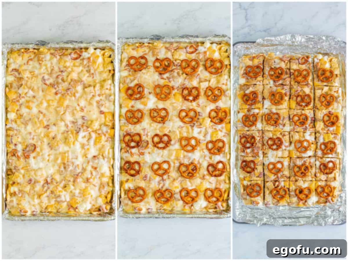 A collage showing the final steps: the marshmallow treat mixture spread in a pan, garnished with mini pretzels, and then sliced into 24 bars.