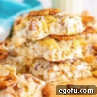 Close up looking at a pile of Chex Mix Marshmallow Treats.