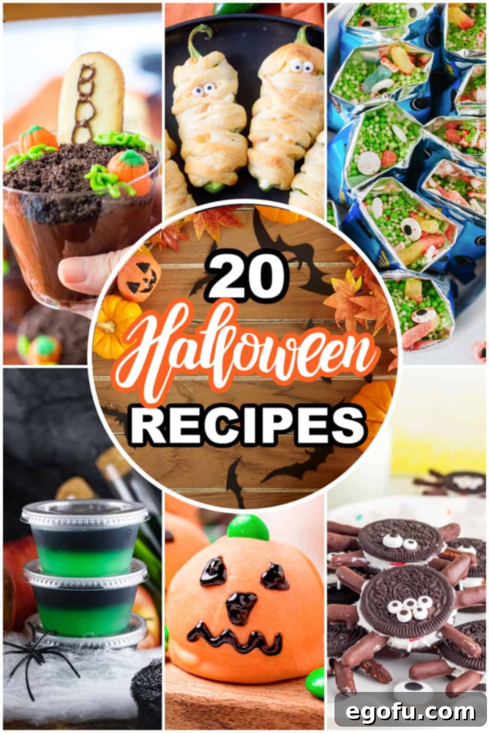 A collage of 6 photos with text on the collage that says '20 Halloween Recipes'. A visual index of spooky and sweet treats.