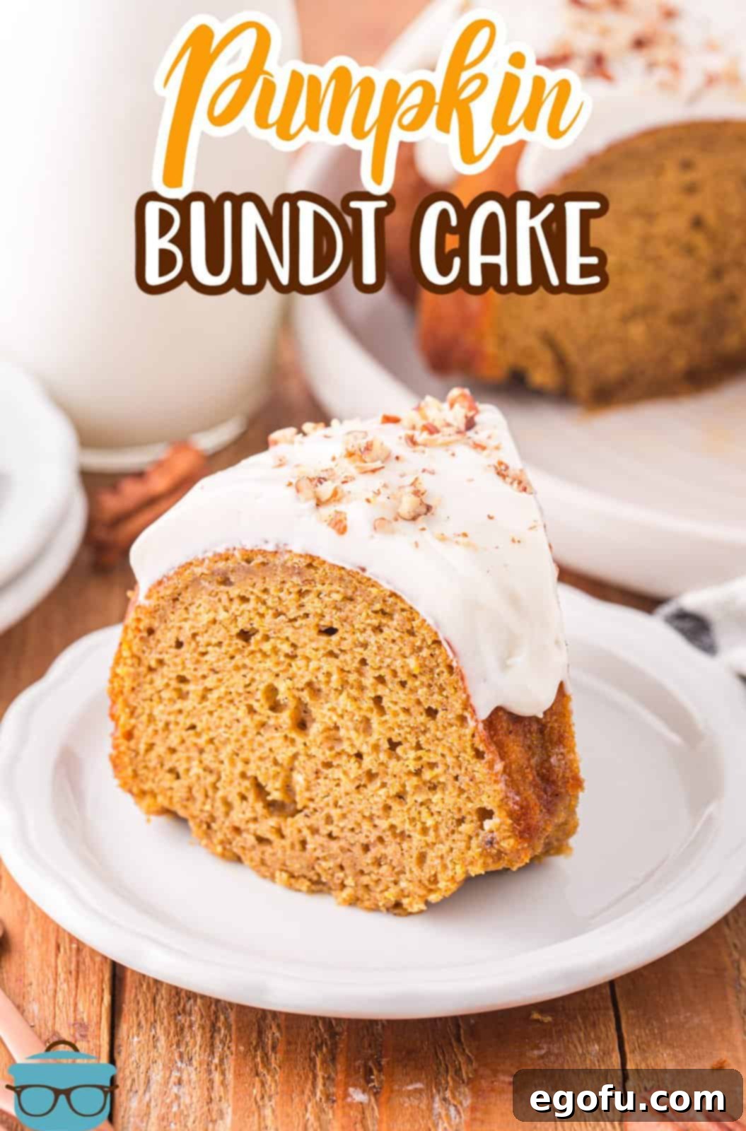 A slice of glazed pumpkin bundt cake on a plate.