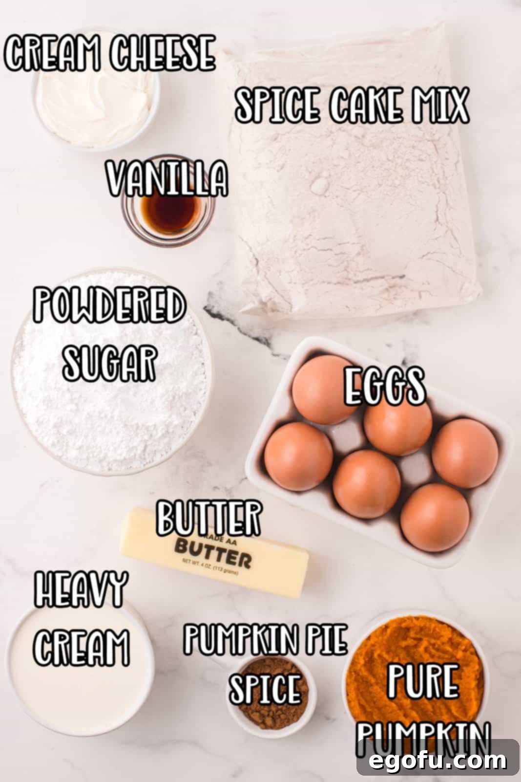 Spice cake mix, eggs, butter, pumpkin puree, vanilla extract, pumpkin pie spice, powdered sugar, and heavy cream.