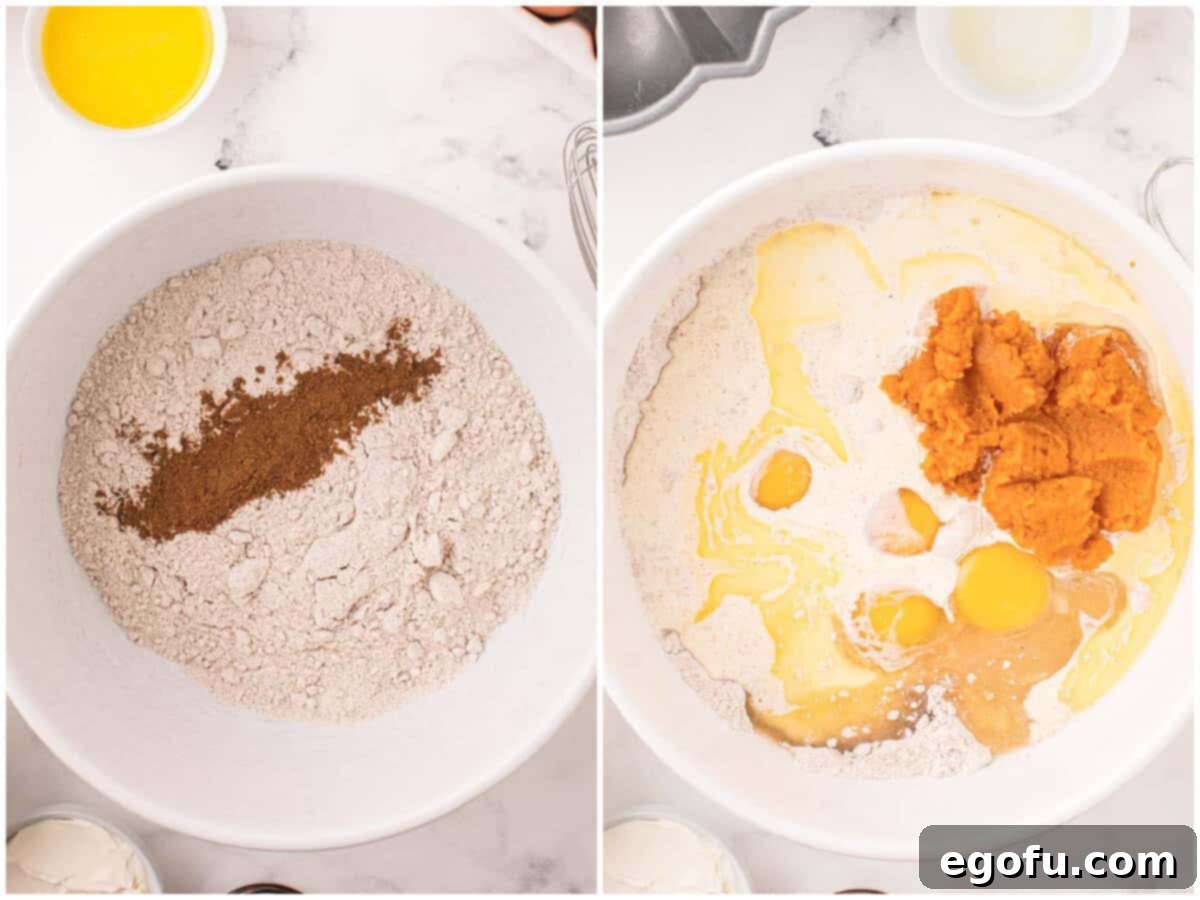 collage of two photos: cake mix and pumpkin pie spice in a bowl; pumpkin spice, pumpkin puree, heavy cream, melted butter, and eggs added to cake mix in bowl.