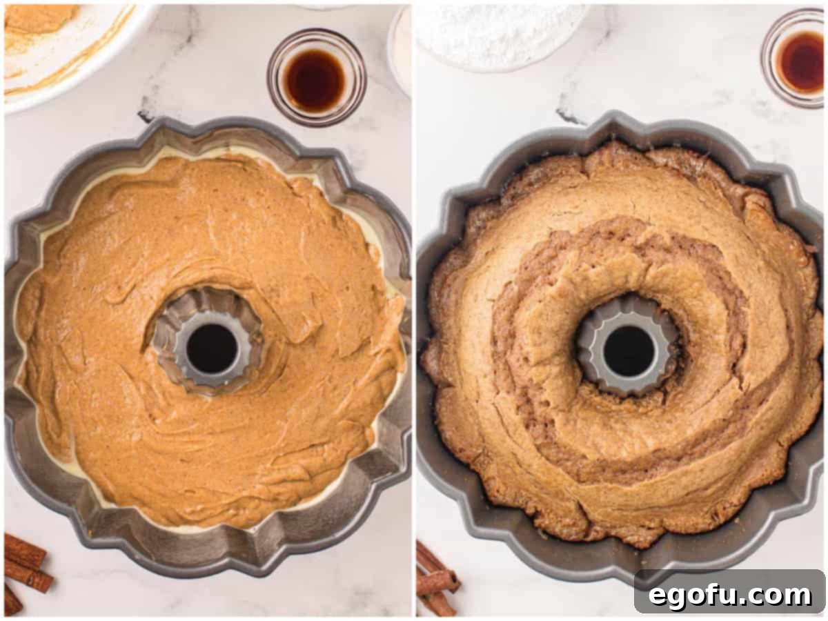 collage of two photos: cake batter poured into prepared bunt pan; burst cake shown fully baked and cooling.