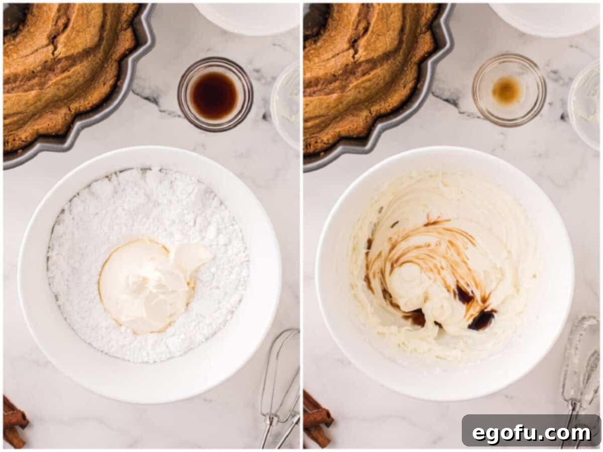 collage of two photos: cream cheese and powdered sugar in a bowl; vanilla extract and heavy cream added to the mixture.